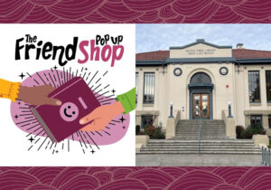Cartoon image of two hands holding a book; photo of the Green Lake Branch Library to its right.